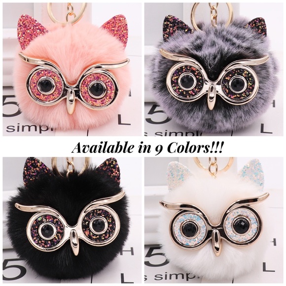 Fluffy Owl with Glasses Pom Pom Keychain - Picture 10 of 10